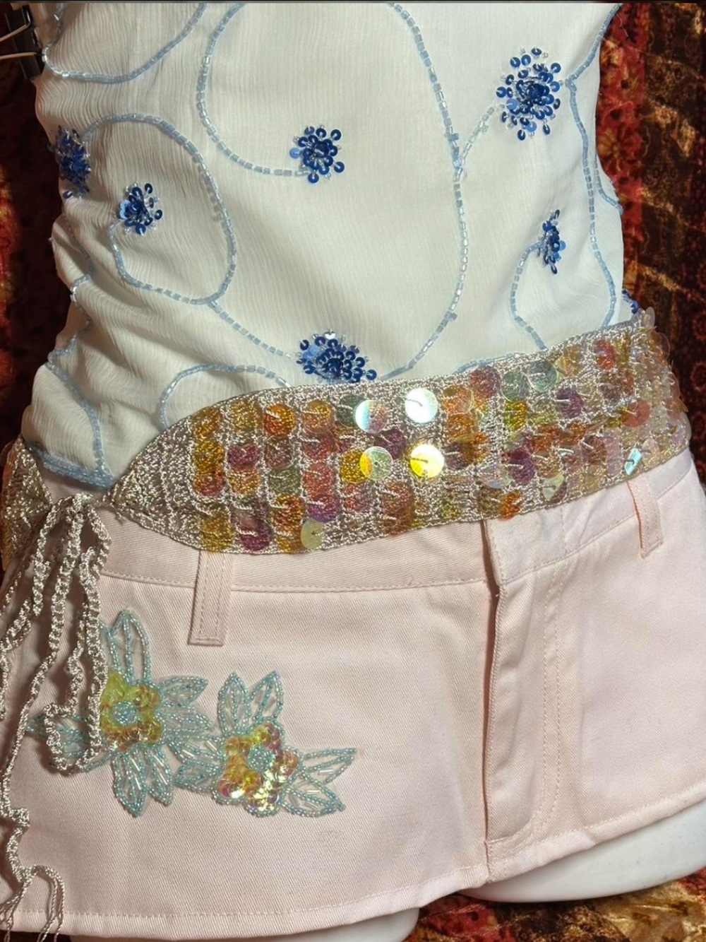 crochet & sequin beige iridescent belt